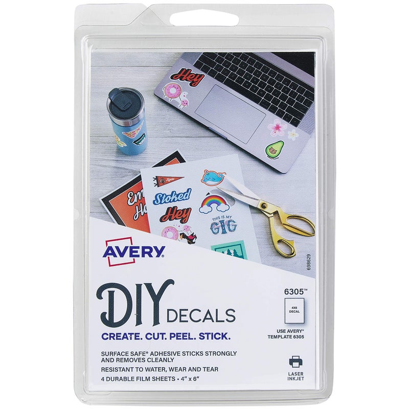 Avery Surface Safe Printable Decal Stickers, Removable Adhesive, 4" x 6", Water & Tear Resistant, 4 Labels (6305) - Image 1